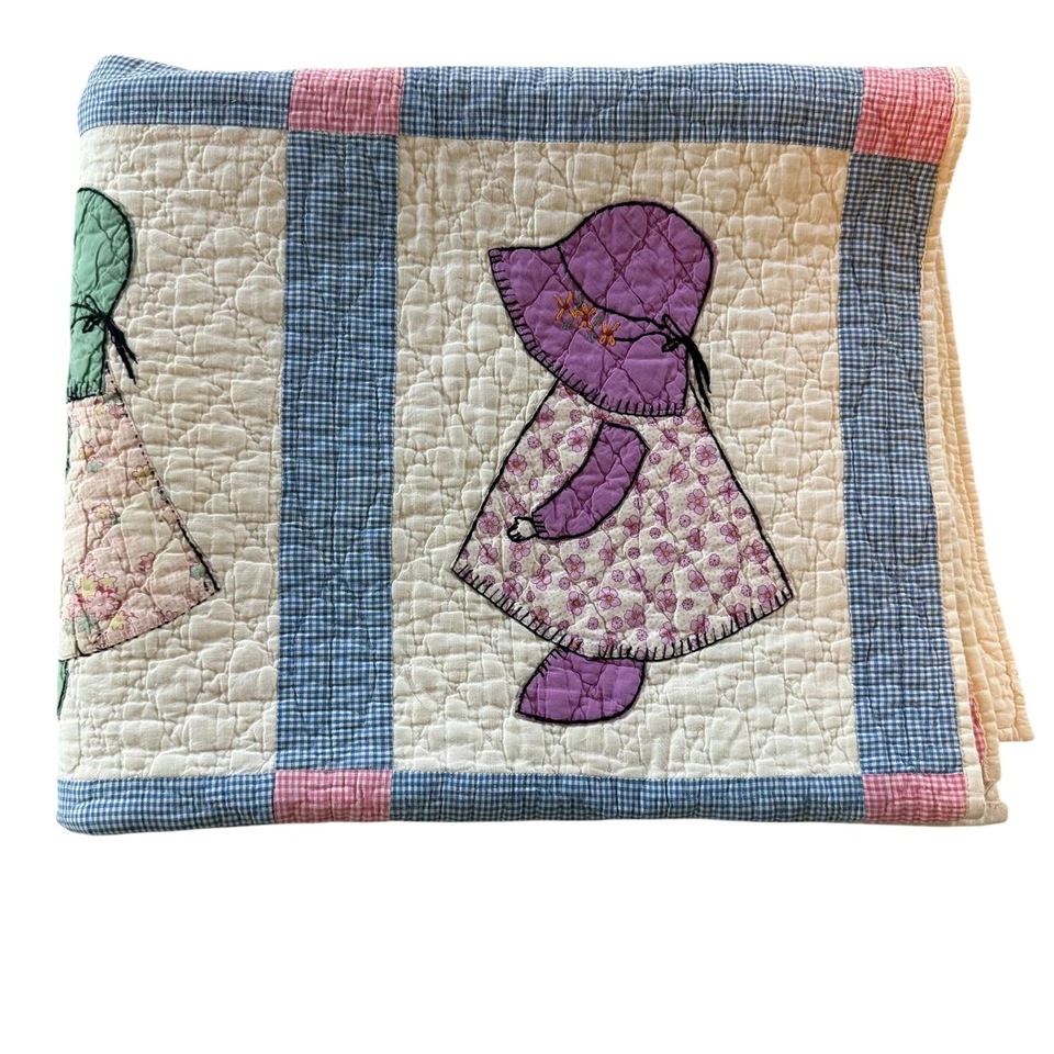 Edredón Vintage Hecho a Mano Sunbonnet Sue Apliques Niñas Sombreros Vestidos Multicolor Años 50 Foto 2 de 4