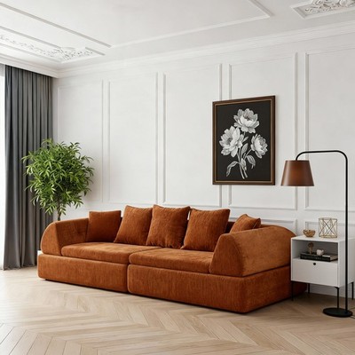 Curved Sectional Sofa with Ottoman & Deep Plush Seat - No Assembly