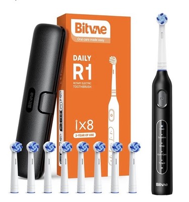 Bitvae R1 Electric Toothbrush Rotary 8 Brush Heads Travel Case 5 Modes Black