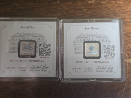 2  1 Gram Silver Bar GEIGER Original Premium in Square Capsule Assay .999 fine