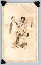 Vtg B&W Snapshot Two Women Smiling On Sandy Beach Cardigans Long Skirts 1930s