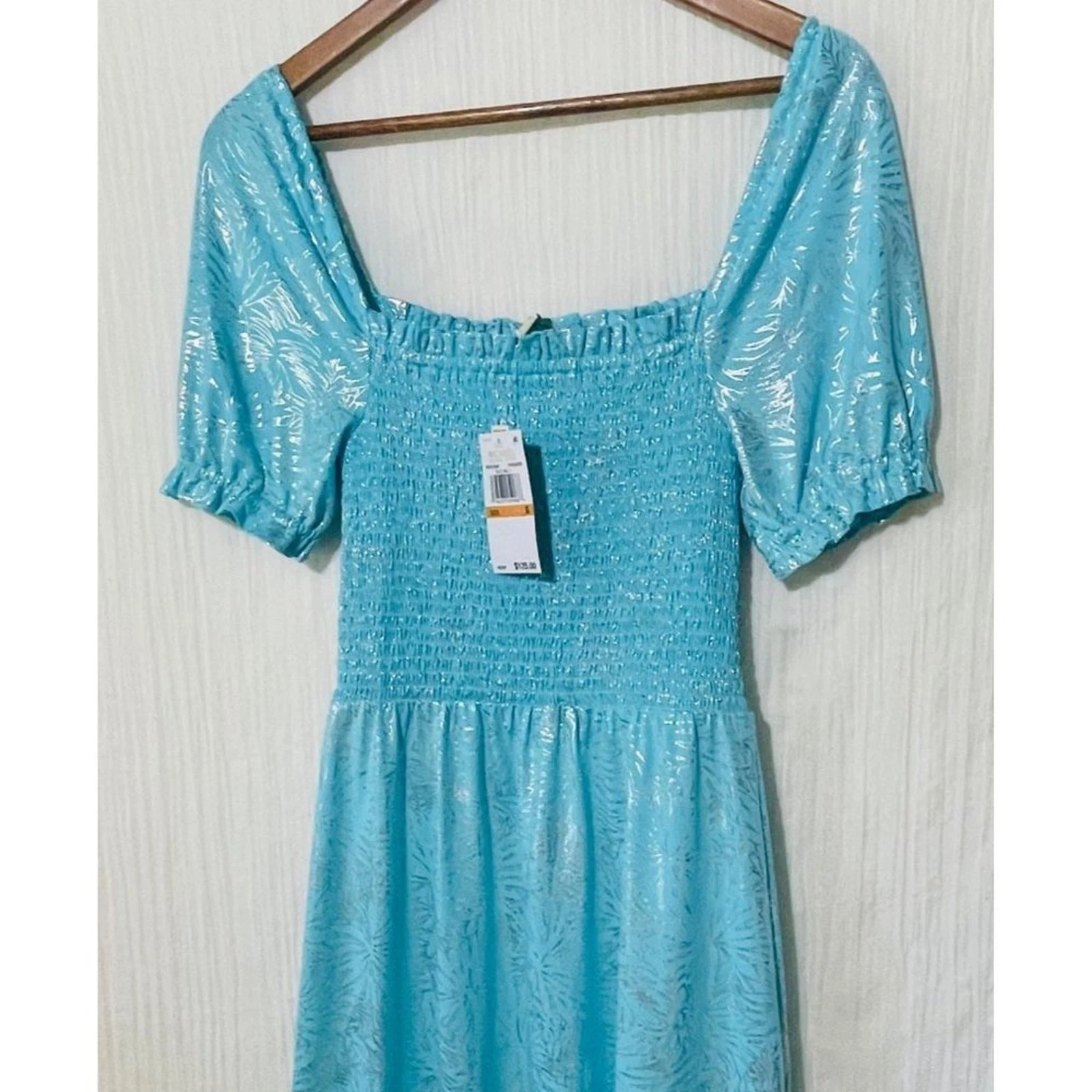 Abito Michael Kors Smocked Contadino Stampa Foil Turchese Nuovo con etichette Small