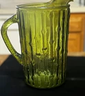 70s vintage avocado green glass pitcher, Anchor Hocking Tahiti, bamboo textured