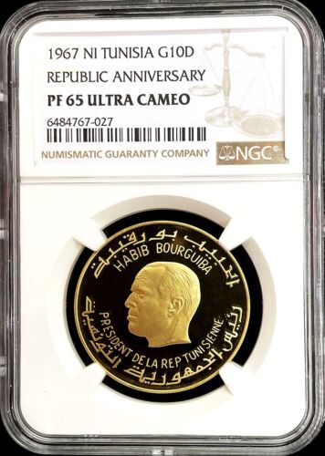 1967 NI GOLD TUNISIA 10 DINARS REPUBLIC ANNIVERSARY COIN NGC PROOF 65 UC - Picture 1 of 2