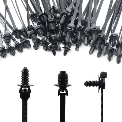 60pcs Assorted Push Mount Cable Zip Ties w/ Push Pin for Automotive Trailer Boat