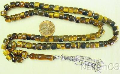 Islamic Prayer beads 99 small Barrel VR Carving Tiger Eyer & Sterling Collector
