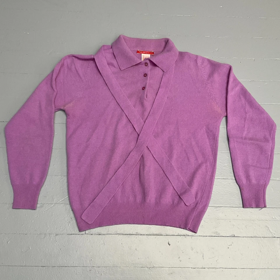 Pull Vintage Halston III Lavande En Laine D'Agneau Angora Avec Nœud À L'Avant - Photo 1/4