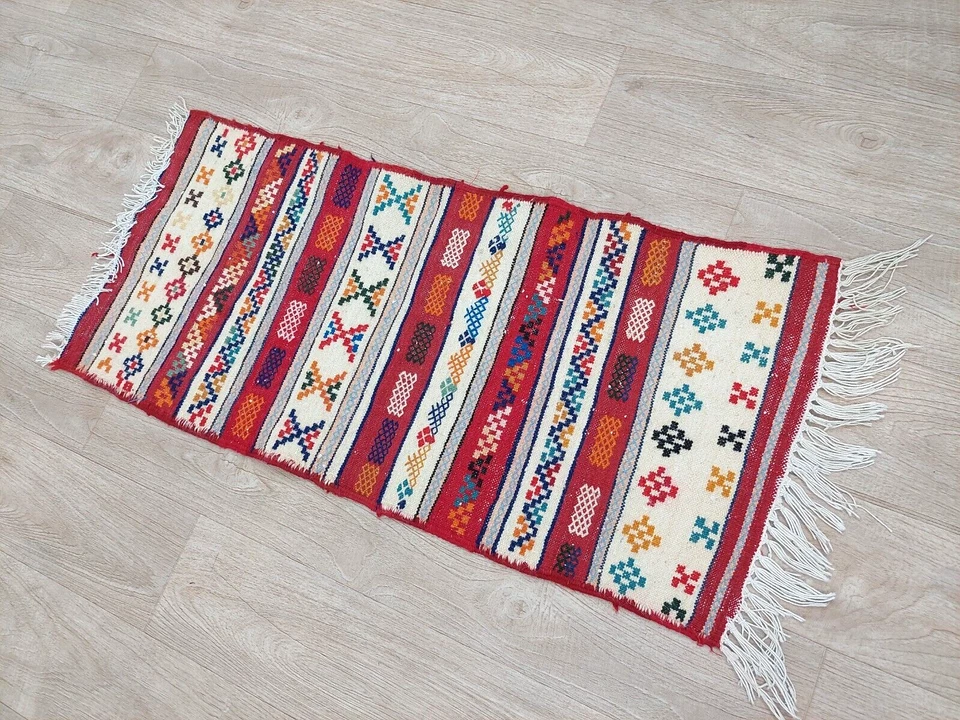 Moroccan Vintage Sabra Kilim Rug Tribal Berber Hand Woven Red Wool Carpet 1x3 Ft - Image 3 of 4