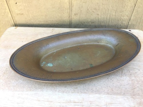 Hammered Copper Bowl Dish Tray Oval 13" Antique Worn Silverplate Arts & Crafts - Picture 3 of 8