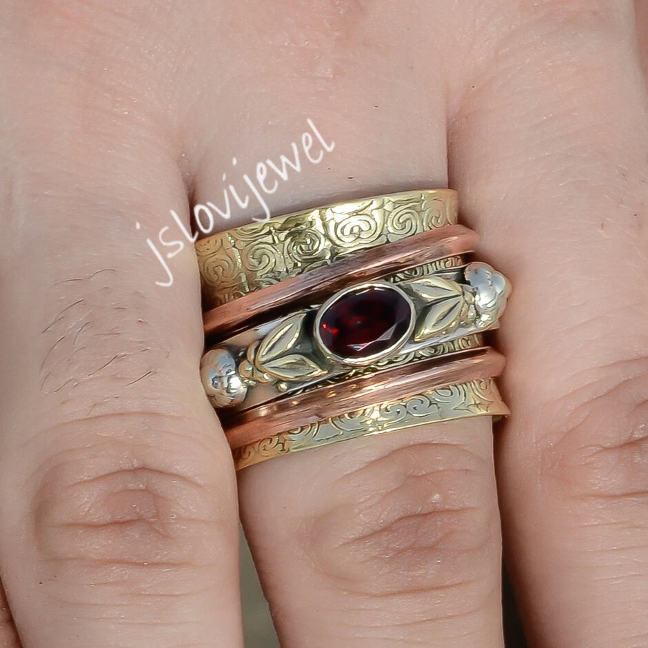 Anillo giratorio de plata de ley 925 con piedras preciosas de corte ovalado granate todas las tallas JL_1793 Foto 2 de 4