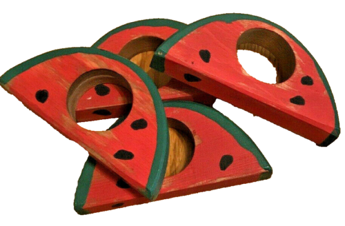 Vintage Handmade Wood Summer Set/4 Watermelon Napkin Rings-4 1/2" x 2" - Picture 1 of 3
