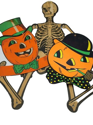 VINTAGE BEISTLE, H. E. LUHR Halloween DIE-CUT, (2) JACK-O-LANTERNS, SKELETON 