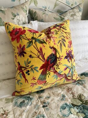 Yellow Bird Printed Velvet Cushion Cover Pillow Throw Indian Handmade Cover 