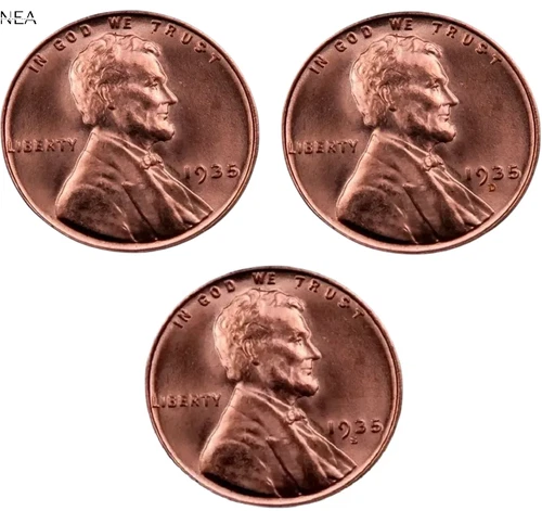 1935+1935-D+1935-S Lincoln Wheat Penny Cent Lot ~ Gem BU (red) ~ 3 Coin Set