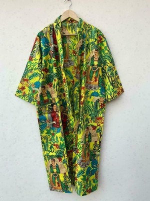 Farida Kahlo Full Length 3/4 Sleeves Yellow Women Robe 100% Cotton Kimono Dress