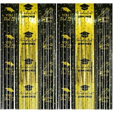 2 Pack Black Gold Graduation Foil Fringe Curtain Cap Print Photo Backdrop