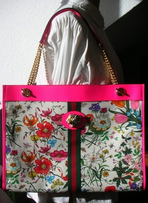 orig. Gucci GUCCI Rajah Shopper Tote Handtasche Flora weiß pink neon Blumen neu