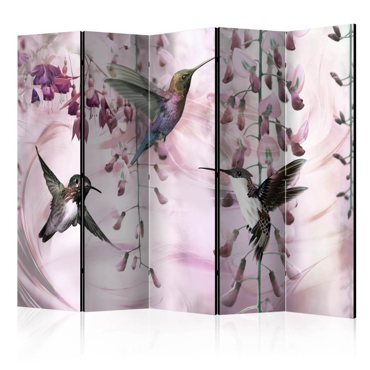 Paravent 5 volets Flying Hummingbirds Pink 172x225cm en bois