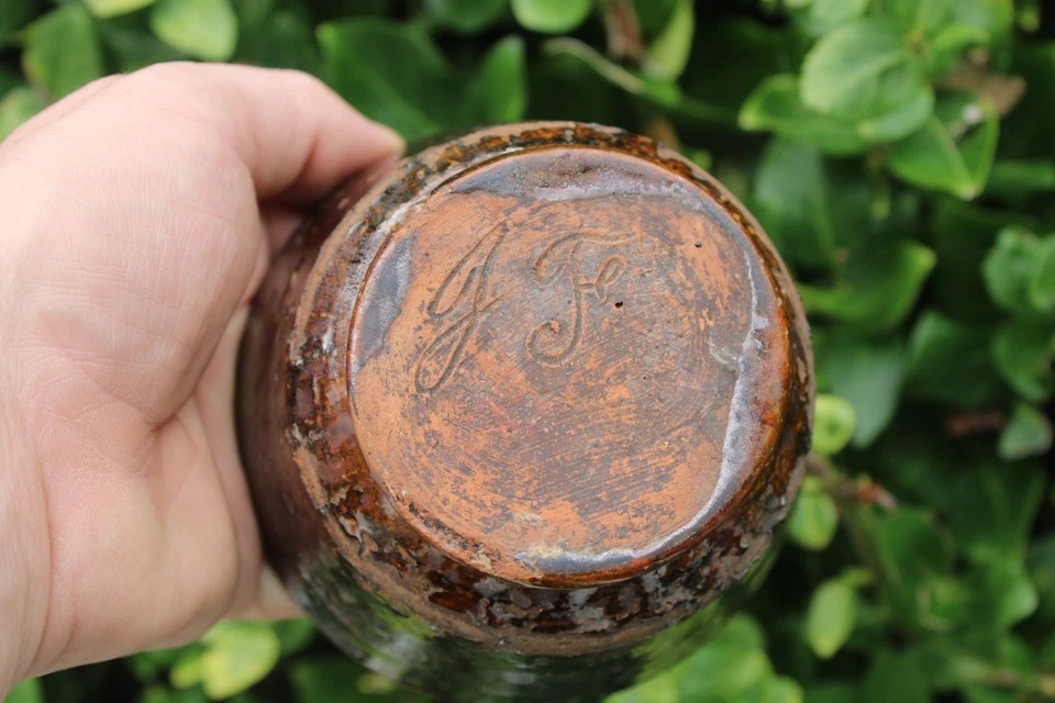 Antique Glazed Primitive Redware Footed Custard / Tea Cup, Signed: J.F. ? - Image 2 of 4