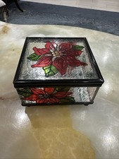 Poinsettia Stained Glass Style Hinged Box Hand Painted Mirror Inside 4x4x2.5