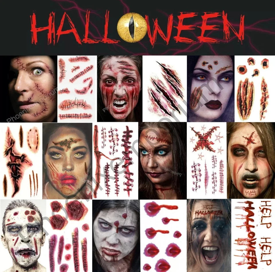 PHOENIX 10 Sheets Halloween Zombie Scar Tattoo Fake Scab Scar Wound Costume Face Make-Up