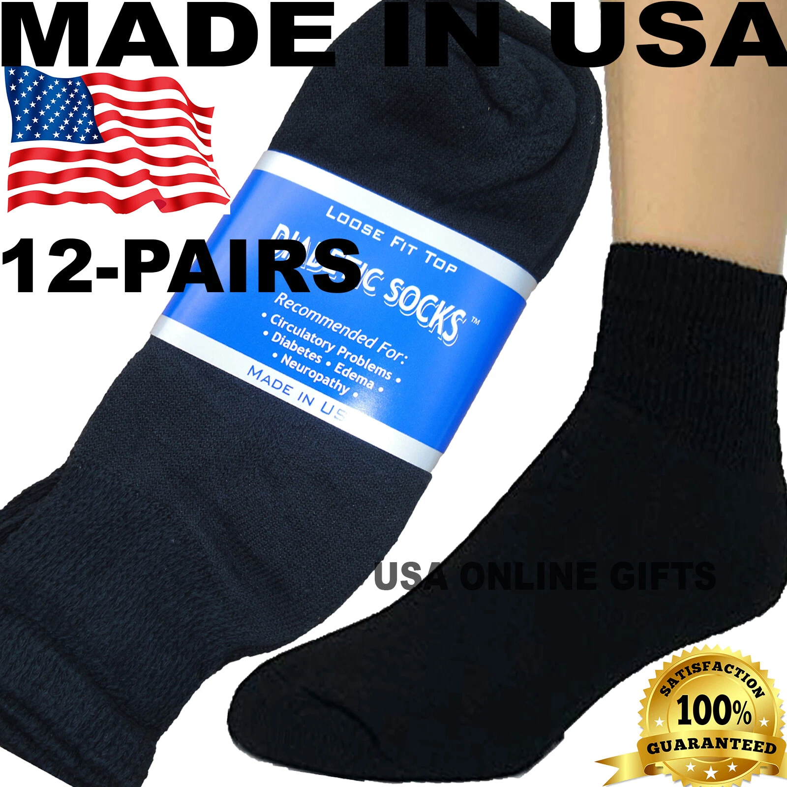 BEST QUALITY CRESWELL 12 PAIRS BLACK DIABETIC ANKLE SOCKS 10-13 SIZE MADE IN USA