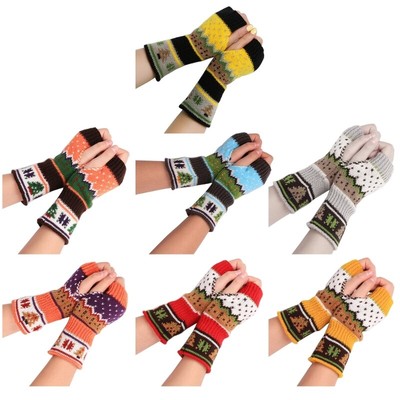 Girls Fingerless Gloves Jacquard Knit Arm Sleeves Handcrochet Christmas Mittens
