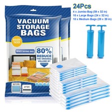 24Pcs Vacuum Storage Bags - 4 Jumbo, 10 Large, 10 Medium - Space Saver+Hand Pump 24Pcs Vacuum Storage Bags - 4 Jumbo, 10 Large, 10 Medium - Space Saver+Hand Pump - Image 1