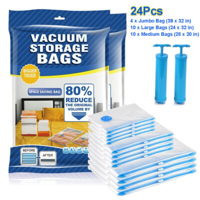 24Pcs Vacuum Storage Bags - 4 Jumbo, 10 Large, 10 Medium - Space Saver+Hand Pump