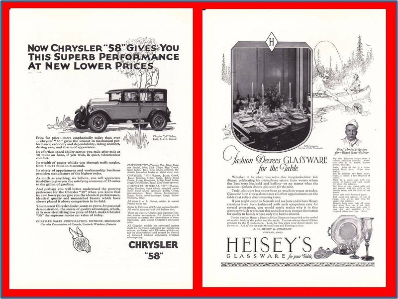 1925 Chrysler 58 Touring Car Club Coupe - Heisey's Elegant Glassware Print Ad
