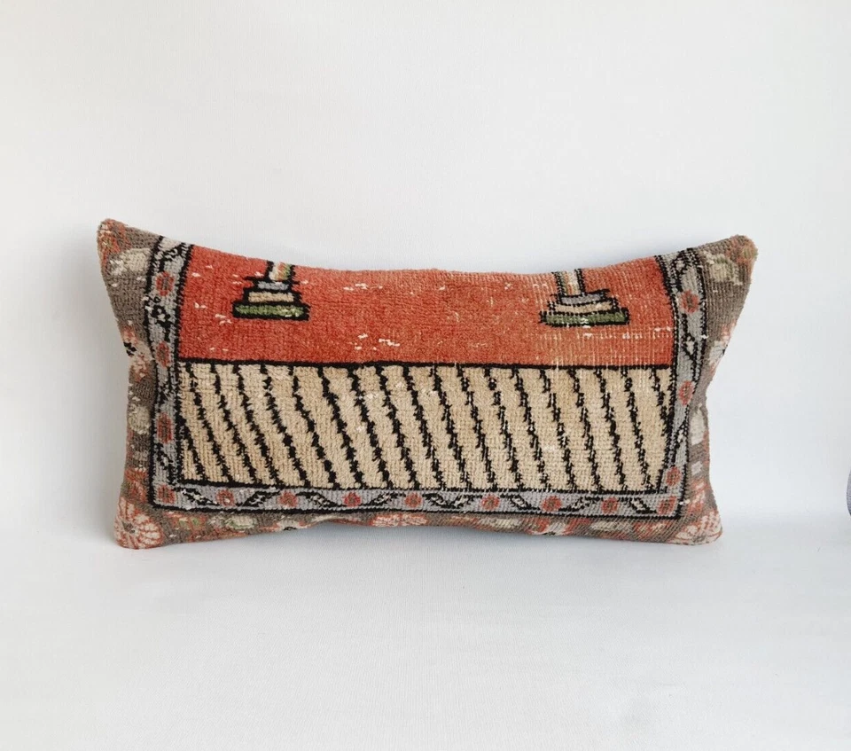 Rustic Turkish Rug Pillow Cover 14x26 inches Unique Handwoven Carpet Pillow - Image 3 of 4