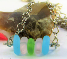 Blue, Green, Pink SEA GLASS Pebble Bar Style Necklace USA HANDMADE Beach Boho