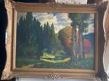 Oil Painting Undeutl. Sign Tree And Forest Landscape At Stream Flower Meadow