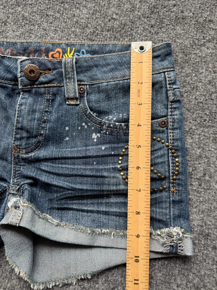 Mudd Jean Shorts Paint Splatter Peace Sign Juniors Size 1 Blue Denim Cuffed - Image 3 of 4