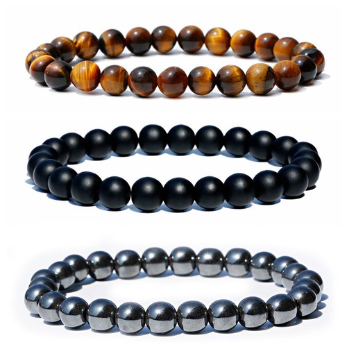 Retro Triple Protection Necklace Tiger Eye Hematite Obsidian Stone Men Bracelets - Picture 6 of 43