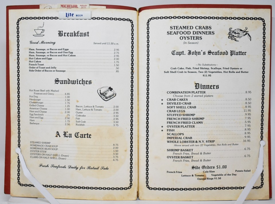 1980s Captain John's Seafood Restaurant Menu Cob Island Maryland