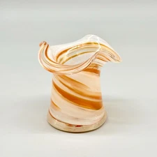 Vintage Hand Blown Art Glass 2.75" Orange White Swirl Ruffle Bud Vase Decor