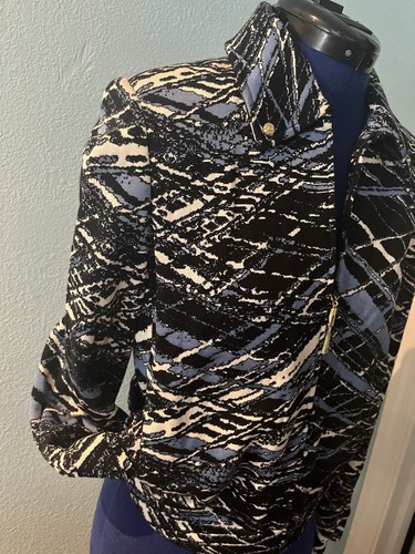 St. John Collection Marie Gray Blazer Jacket Sweater Blue/Black/White Print Sz 2 - Picture 2 of 19