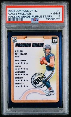 2024 DONRUSS OPTIC PASSING GRADE PURPLE STARS #1 CALEB WILLIAMS RC /25 PSA 8