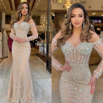 Champagne Mermaid Evening Dresses Beading Formal Pleats Long Sleeves Party Gpwns