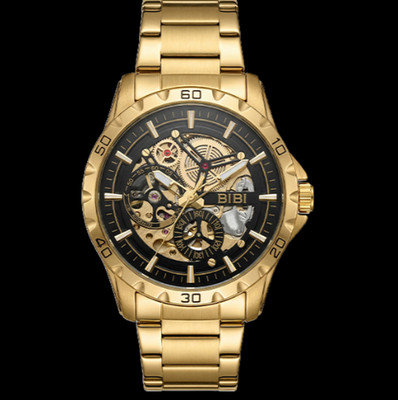 BIBI Men's Watch Automatic Skeleton Gold Tone Black Dial 42mm Box Gift Luxury
