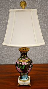 22" VINTAGE BEIJING CLOISONNE VASE LAMP-W/ BLACK/PINK CHERRY & MARBLE BASE