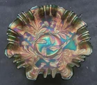 VINTAGE CARNIVAL FENTON  GREEN THISTLE THREE IN ONE EDGE BOWL  “SUPER COLOR”