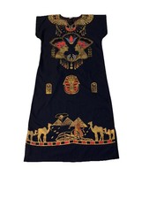 Vintage Egyptian kaftan Robe, Black/ Gold Nefertiti/ Tutankhamun Design M-L
