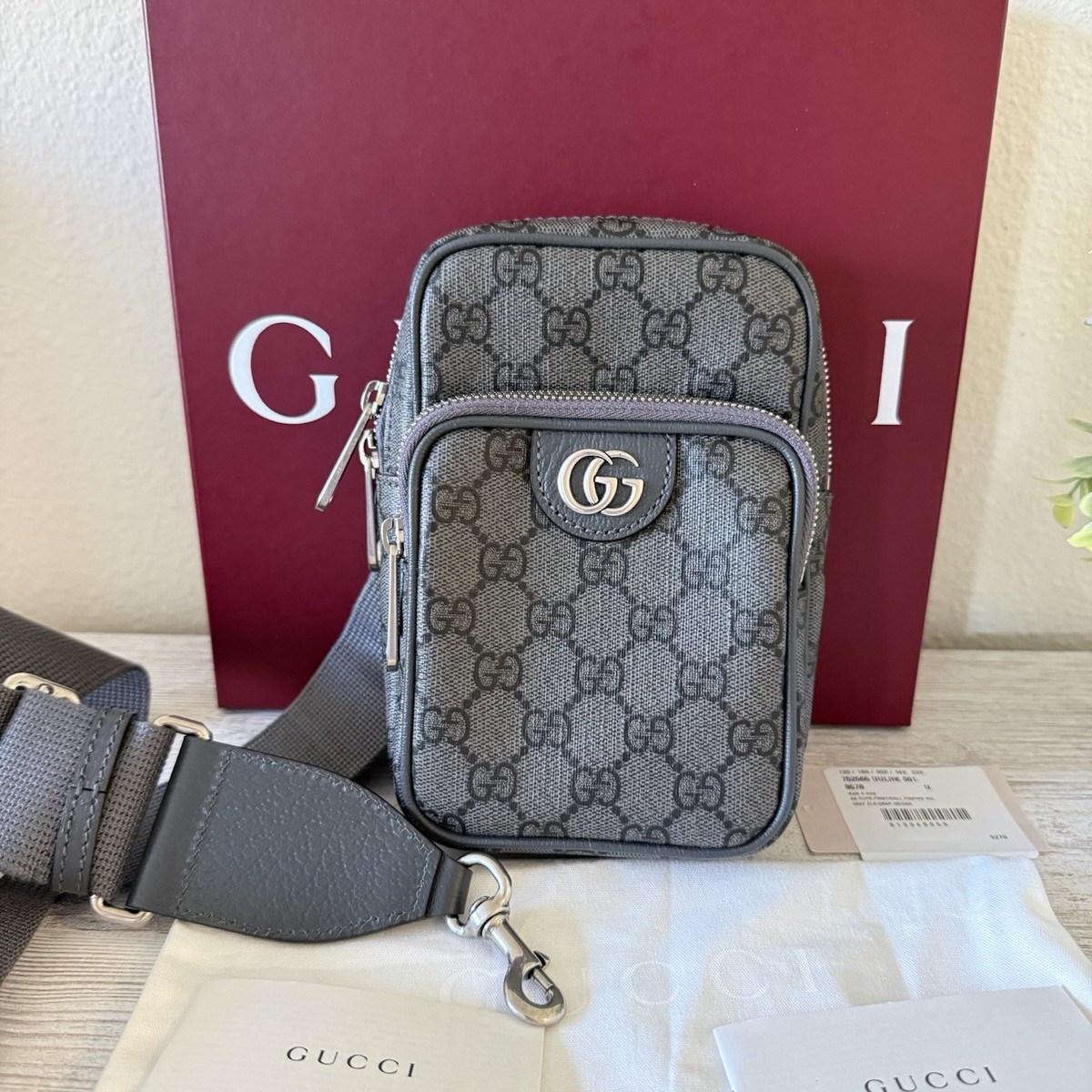 New Gucci GG Monogram Crossbody small Slingbag, gray