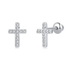 Sterling Silver Cross Stud Earrings for Girls Women - Hypoallergenic Screw Ba...