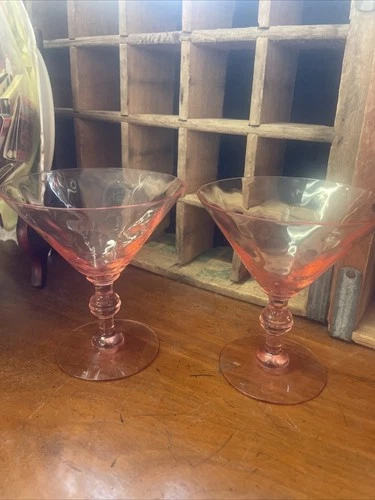 VTG Fry Raindrop Optic Pair Martini Rose Pink Depression Glass Stem Goblet