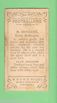 1933 VFL WILLS CIGARETTE CARD - #77. N. HUGGINS, NORTH MELBOURNE