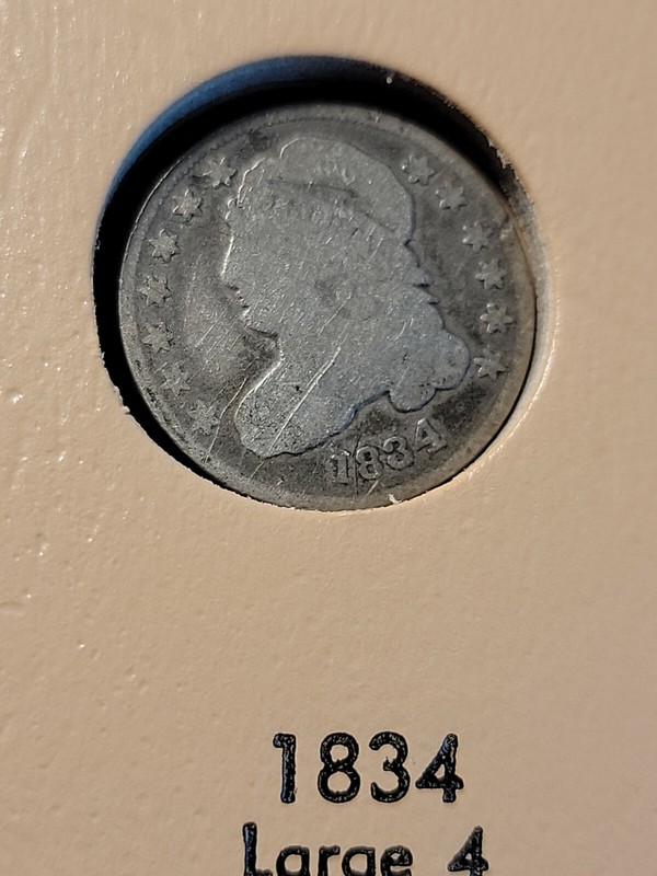 1834 Capped Bust Silver Dime Large 4 Ch VG  