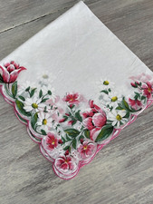Vintage Handkerchief Hankie White with Pink Tulips  White Daisies